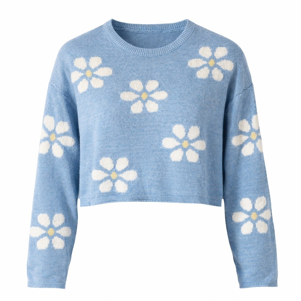 NWT Moon & Madison Women’s Blue Sweater with White and Yellow Floral Design